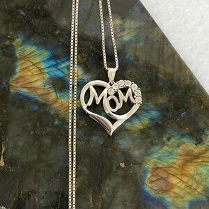 Sterling Silver 925 RL 7 Diamond Mom Heart Pendant Necklace 17.5" Box Chain